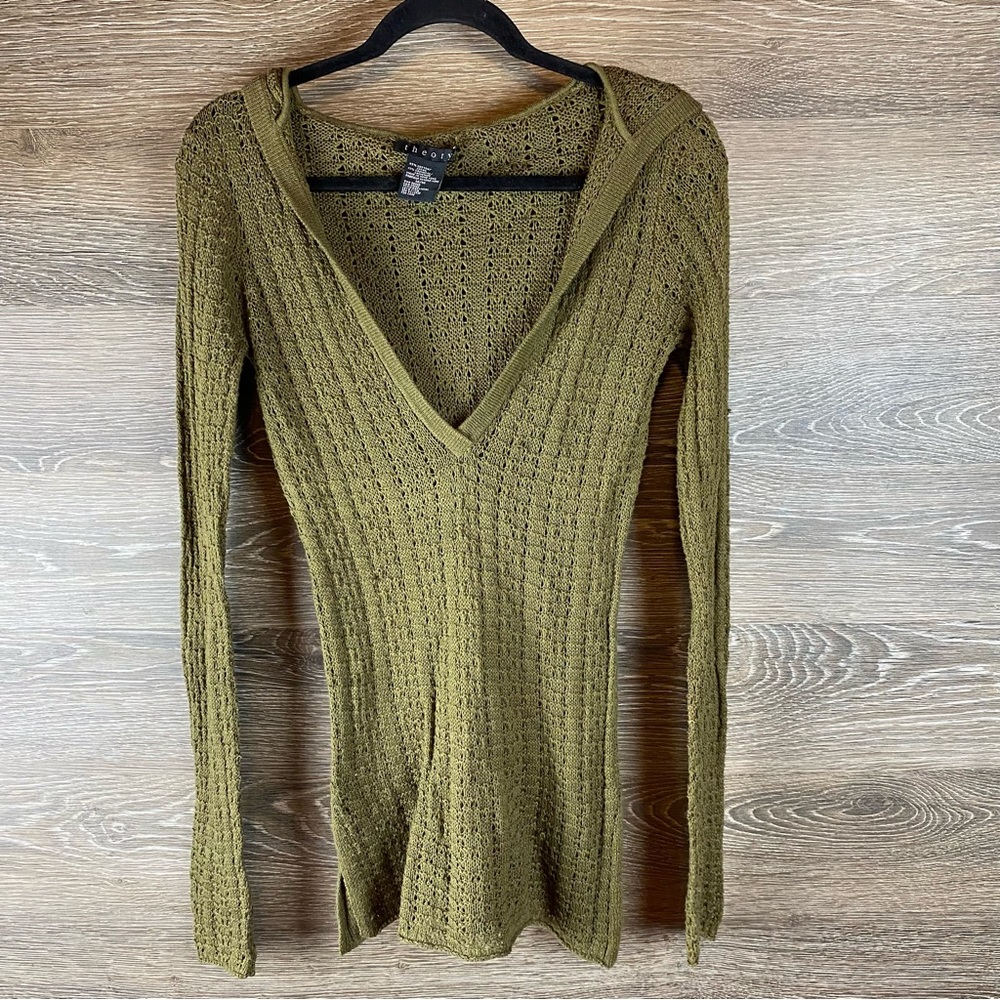 Theory green knit cotton/cashmere pullover top
